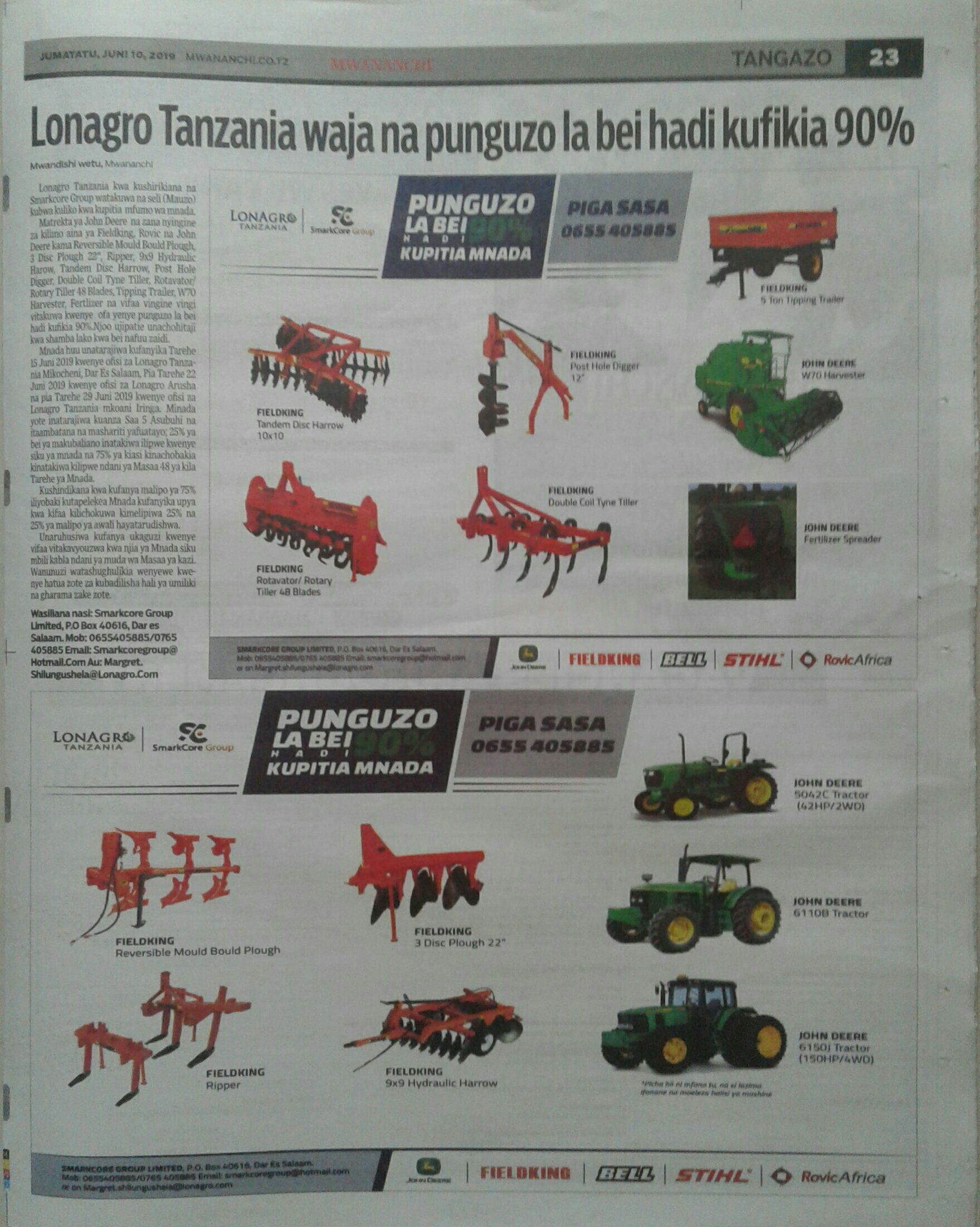 LonAgro Tanzania and SMARKCORE GROUP LIMITED Tractor and Farm Equipment Auction Invite